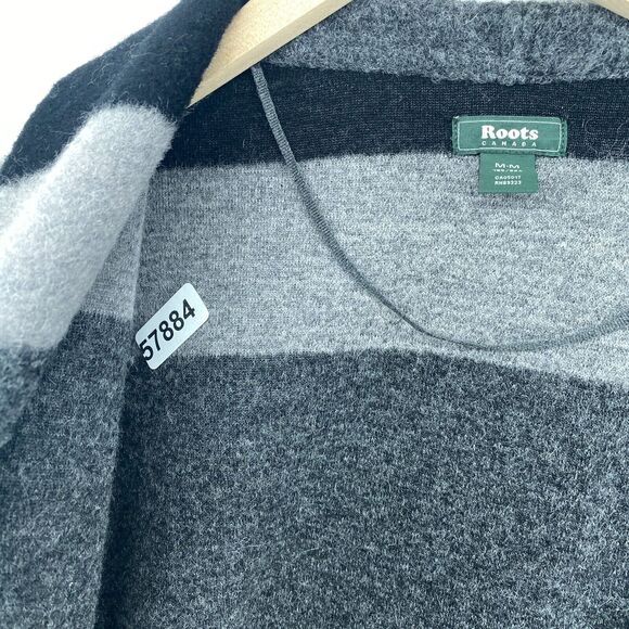 ROOTS CANADA Cardigan Womens M Boiled Wool Blend Striped Open Front Gray Black - Picture 12 of 12